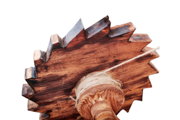 Wooden transmission mechanism with gear wheel, isolated on a white background. Reconstruction retro mechanical gear, isolated on a white background. Retro mechanics in vintage style.