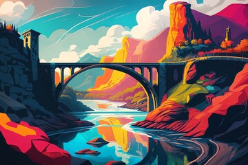 bridge spanning a river viewed from a distance, Colorful illustration, Ai Generative