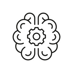 Human Brain with Gear Black Line Icon, Engineering Concept. Smart Innovation Linear Pictogram. Technical Solution Symbol on White Background. Editable Stroke. Isolated Vector Illustration