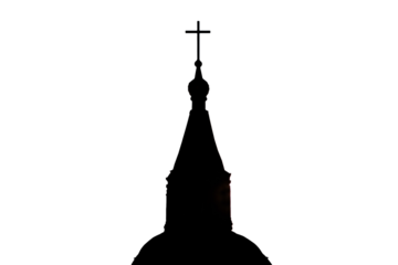 Silhouette of the catholic church at sunset, isolated on a white background. The setting sun shines on the dark christian cathedral.