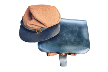 Cap and bag, military uniform of an American soldier during the civil war, isolated on a white background. Life of the military in America during the civil war of the North and South in the USA.