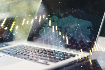 Multi exposure of abstract financial diagram with world map on computer background, banking and accounting concept