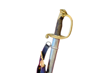 Vintage weapons officer of the battles of the Russian and French armies, isolated on a white background. Retro saber period of the Crimean war of the 19th century.