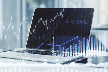 Multi exposure of abstract creative financial chart on computer background, research and analytics concept