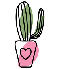 Vector doodles cactus in a pink flower pot with colored spots 