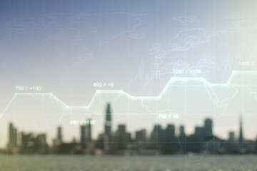 Double exposure of abstract creative statistics data hologram on blurry office buildings background, analytics and forecasting concept