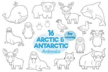 Set of 16 arctic and antarctic animals for coloring in cartoon style Vector Illustration