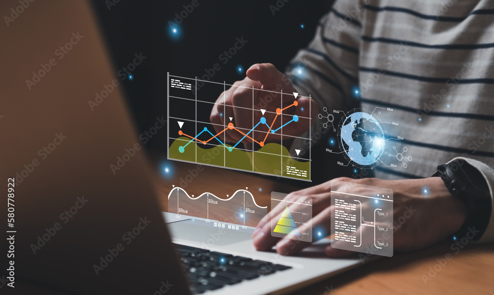 Wall mural young entrepreneur using big data analysis and cloud technology to collect customer data and display