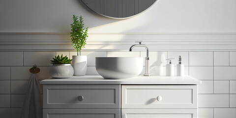 3D styled art illustration an empty white vanity counter with ceramic washbasin and modern style faucet in a bathroom with morning sunlight and shadow. Products display mockup. Generative Ai.