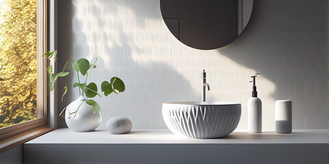 3D styled art illustration an empty white vanity counter with ceramic washbasin and modern style faucet in a bathroom with morning sunlight and shadow. Products display mockup. Generative Ai.