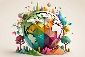 fantasy planet eartth in forest,Creative design world environment and earth day paper cut and craft concept.Landscape in nature by rainbow and balloons,generative ai.