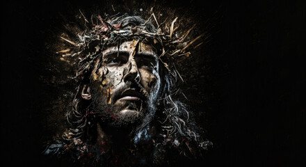 Jesus Christ wearing crown of thorns Passion and Resurection. Easter card, Good Friday. Generative AI - obrazy, fototapety, plakaty