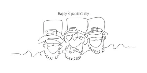 Continuous line art. man wearing Leprechaun hat and glasses. Hand-drawn minimalist design for a simple vector for St. Patrick's Day. Editable strokes.