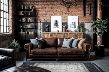 Sleek and Contemporary: A Leather Sofa for Modern Living Room with Warm Terracotta Walls