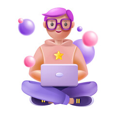 3D kid online, school remote education concept, vector cartoon sitting boy doing homework, laptop. Teenager home e-leaning character, student digital exam, smiling face. Kid online training courses