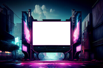 Neon future Illustration sketch of the futuristic city in the style of cyberpunk. Empty street with neon lights and big glowing billboard mockup. Generative ai.