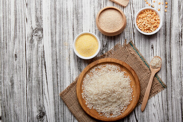 FODMAP, keto diet, long carb concept. Assortment of healthy, vegan food - cereals amaranth, peas, rice, corn porridge.
