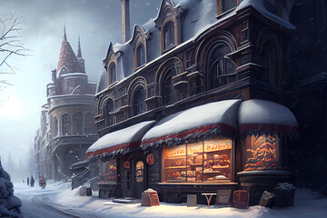 A beautiful and magical winter city, straight out of a fairytale, with snow-covered rooftops, generative ai illustration