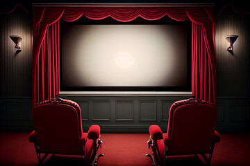 Home Theatre stage curtains show spotlight. Watching movies. Cinema online. Red sofa or armchair. Cinema at home. 3D style llustration. Generative Ai.