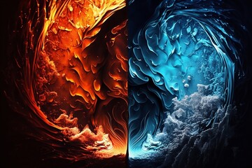 The desktop background contrast between fire and ice - Yin Yang Illustration Digital Art