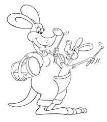 Vector contour image of cartoon kangaroo isolated on white. Kangaroo musician with his cub. Kangaroo with a cub playing the drum.