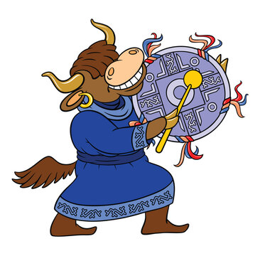 Cute cartoon Yak. The shaman knocks on a tambourine. Vector color image of a cartoon yak isolated on white. Yak-musician in a shamanic costume with a tambourine.