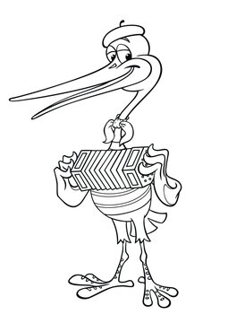 Vector outline image of a cartoon stork isolated on white. Musician stork dressed as a Parisian mime. Cute cartoon stork plays the concertina.