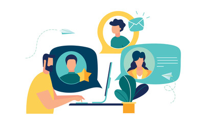 online conclusion of the transaction. the opening of a new startup. business handshake, via phone and laptop. vector illustration in a flat style investor holds money in ideas online.