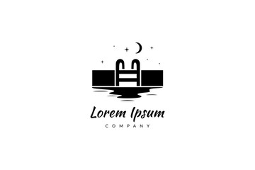 Vector logo of a swimming pool at night with a crescent moon in the sky and stars.