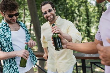 carefree and stylish interracial friends holding bottles of fresh beer in summer park.