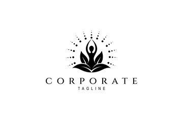 Vector logo where people do yoga on lotus flower on glow background.