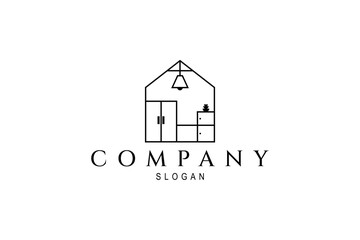 Fototapeta premium Line art vector logo an image of a house with furniture inside.