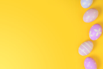 Happy easter holiday celebration concept. Group of painted colourful eggs decoration on a yellow background. Seasonal religion tradition design. Top view, flat lay, copy space.