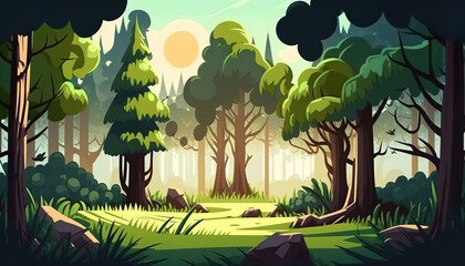 forest landscape in the morning, cartoon vector style, generative ai