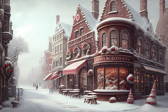 A beautiful and magical winter city, straight out of a fairytale, with snow-covered rooftops, generative ai illustration