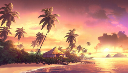 Fototapeta na wymiar sunset on the beach background, generative ai