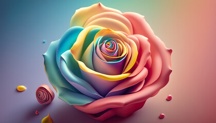 Fototapeta na wymiar 3D natural illustration of colorful blooming rose flower. Rainbow rose flower. 3D realistic illustration. Based on Generative AI