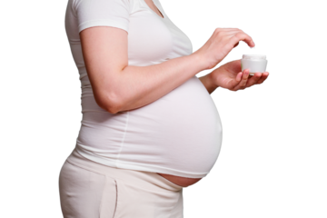 Pregnant woman with white body cream in her hands, isolated on a white background