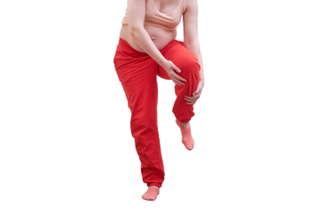 Yoga at home during pregnancy and problems with getting a knee injury, isolated on a white background. Pregnant woman holds on to a sprain on her leg