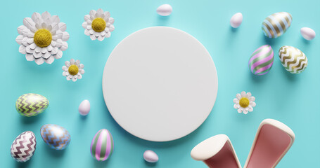 Fototapeta na wymiar Empty white circle in the center surrounded by rabbit ears, Easter eggs, daisy flowers. 3d rendering.