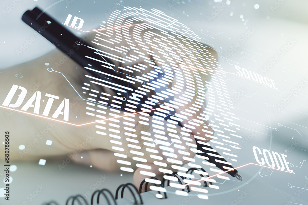 Poster Multi exposure of abstract fingerprint scan interface with man hand writing in notepad on background, digital access concept