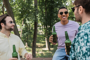 Interracial friends in sunglasses holding bottles of beer and talking in summer park.