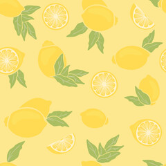 Yellow lemons and green leaves on a light background.Whole fruits and cut. Seamless repeat pattern with fresh citruses.Print on fabric and paper.Endless wallpaper.Vector flat illustration.