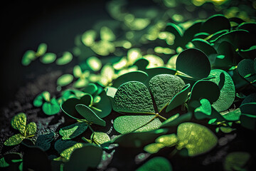 St. Patrick's Day abstract green background decorated with shamrock leaves. Patrick Day pub party celebrating. Abstract Border art design magic backdrop,generative ai.