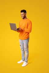 Smart and concentrated Indian businessman wearing casual pullover using laptop, arab male student holding computer and typing message, isolated on yellow, full length