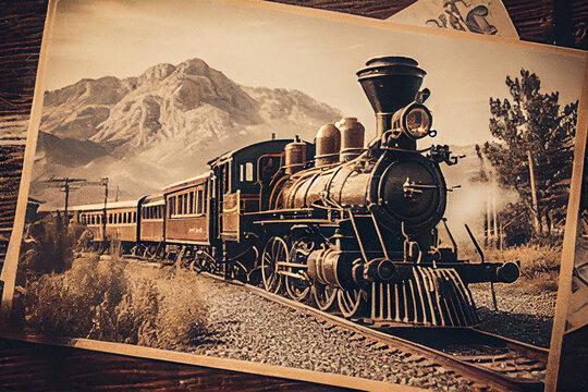An image of an old-fashioned transportation vehicle, like a steam train, captured in a vintage setting and filtered to resemble early 1900s photographs, generative ai illustration