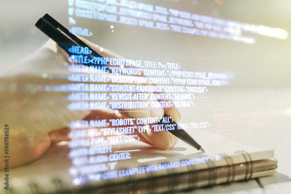 Aufkleber double exposure of abstract programming language with man hand writing in notebook on background, re