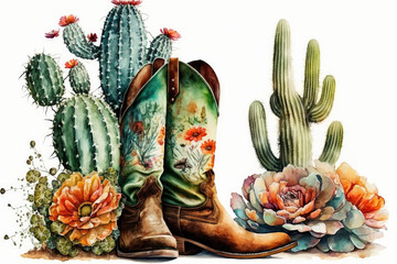 cowboy boots cacti and flowers, Watercolor, White background, generative AI  finalized in Photoshop by me