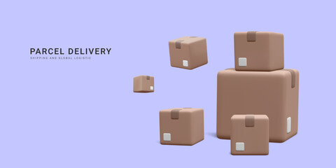 Obraz premium 3d realistic pile of cardboard boxes for fast shipping banner. Concept for fast delivery service. Vector illustration