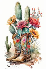 cowboy boots cacti and flowers, Watercolor, White background, generative AI  finalized in Photoshop by me